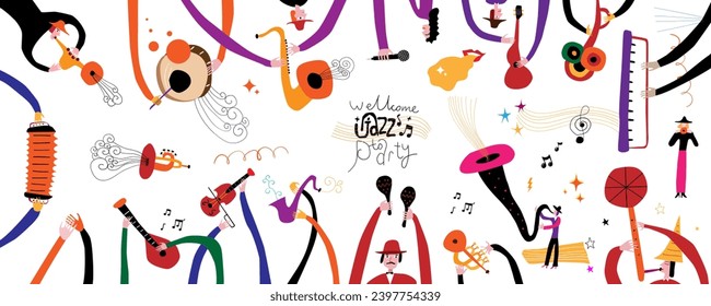 classical musicians band , people hands playing musical instruments vector illustration , isolated cartoon design elements