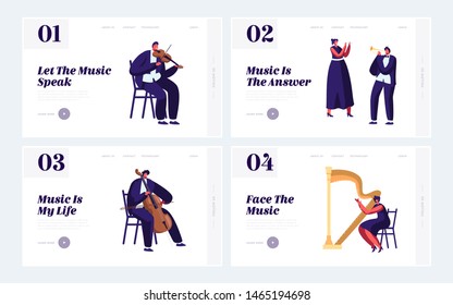 Classical Musicians With Instruments Website Landing Page Set, Symphony Orchestra Music Concert, Violin, Flute, Cello, Trumpet, Harp Performance. Web Page. Cartoon Flat Vector Illustration, Banner
