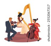 Classical musicians or orchestra music band. Vector harpist and violinist, double or upright bass player. Acoustic show or symphony event, ensemble performance. Violin, harp, cello or contrabass sound