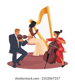 Classical musicians or orchestra music band. Vector harpist and violinist, double or upright bass player. Acoustic show or symphony event, ensemble performance. Violin, harp, cello or contrabass sound