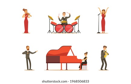 Classical Musicians and Singers Characters Collection, Artists Playing Musical Instruments and Singing Cartoon Vector Illustration