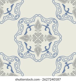 Ornamento De Rolagem De Mitologia Clássica Desenhado À Mão Sem Costura. Padrão de bordado azul repetido bonito no fundo cinza com abstrato elegância florais góticos para papel de parede capa envoltório tecido pano de tecido