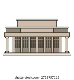 Classical neoclassical building with colonnade and symmetrical facade in flat outline style. Vector illustration. Object isolated on white background.