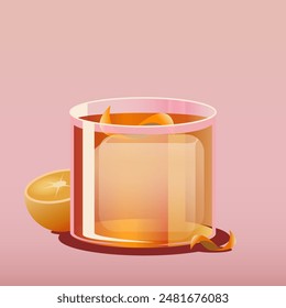 Clásica cóctel a la antigua usanza en un vaso con un Grande cubo de hielo, adornado con una cáscara de naranja. Ilustración vectorial. Diseño creativo. Concepto de bebida alcohólica, menú de bar, refresco, relajación.