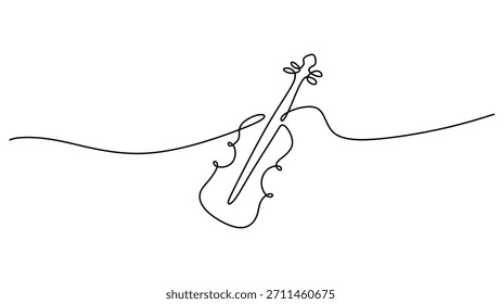 Klassische einzeilige Zeichnung einer Geige und ihres Bogens. Ein Orchesterkonzert oder ein Symphonieinstrument. Vektorgrafik mit bearbeitbarem Strich.