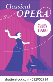 Classical opera poster. Opera singer singing on musical arena stage, pianist plays the piano vector illustration. For classical music live concert, music festival advertising flyer, ticket or banner 