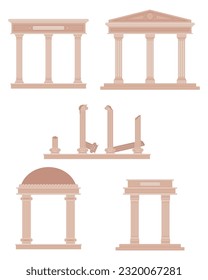 Classical order frame vector illustrations set. Ancient Greek columns in different styles, broken pillars isolated on white background. Architecture, culture concept