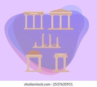 Classical order frame vector illustrations set. Ancient Greek columns in different styles, broken pillars isolated on white background. Architecture, culture concept