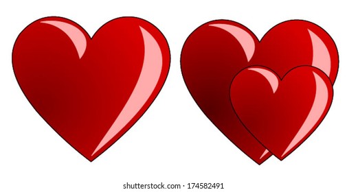 Classical, ordinary heart with reflection and shadow. Two shiny red hearts, large and small. symbol of love, passion and romance, isolated on white background, vector art image illustration, eps10