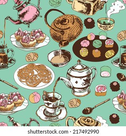 Classical oriental indian tea time ritual ceramic pot teacup saucer cupcakes wrap paper seamless pattern vector illustration