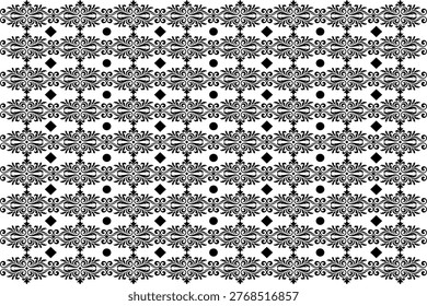 Classical ornamental damask pattern with black baroque floral motifs and geometric dots for luxury textile prints and architectural wall accents