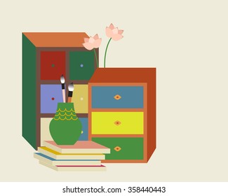 Classical paintings of Korea. Books, Chest, brushes.