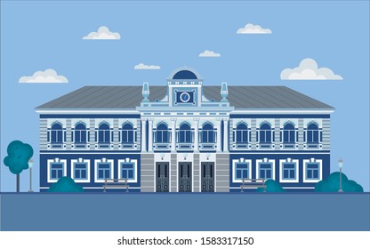 Classical Palace in the Baroque style. Flat design isolated on white. Villa in a classic style. Historical mansion. Old big house. The property. Can be used for posters, banners, postcards, books