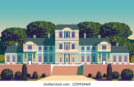 Classical Palace in the Baroque style. Handmade drawing vector. Pop art retro style. Flat design. All objects are grouped and layered. Can be used for posters, banners, postcards, books & etc.