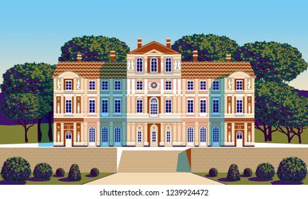 Classical Palace in the Baroque style. Handmade drawing vector. Pop art retro style. Flat design. All objects are grouped and layered. Can be used for posters, banners, postcards, books & etc.