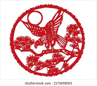 The classical papercut flying bird on tree pattern vector