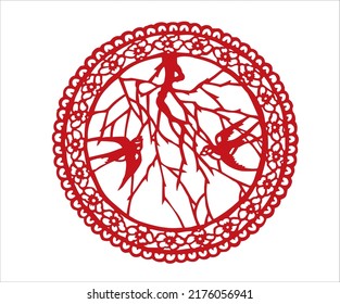The classical papercut red birds on tree pattern vector