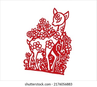 The classical papercut red dear pattern vector