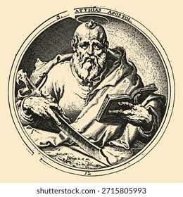 Retrato de filósofo clássico no estilo medalhão gravado vintage, representando sabedoria, história, educação e herança intelectual.