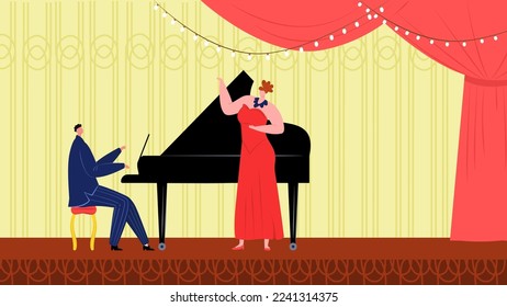 Classical piano music scene singer with microphone landing page, vector illustration. Man woman people musician character art cartoon entertainment.