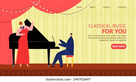 Classical piano music, singer with microphone landing page, vector illustration. Man woman people musician character art cartoon entertainment.