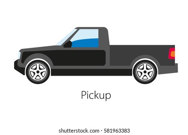 Classical pickup car with cargo tray not integrated with passenger body. Automobile with two doors. Four-wheeled means of transportation in cartoon design. Vector illustration of black auto model