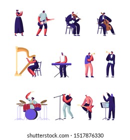 Classical and Popular Music Artists Set. Symphony Orchestra Players, Conductor and Rock Musicians with Different Instruments Performing on Stage Characters Performance. Flat Vector Illustration