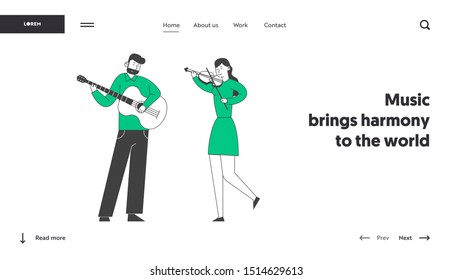 Classical or Popular Music Concert Performance Website Landing Page. Musicians with Instruments Perform on Stage with Violin and Guitar Web Page Banner. Cartoon Flat Vector Illustration, Line Art