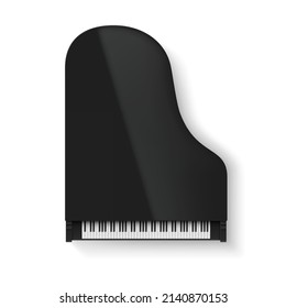 Classical realistic grand piano top view vector illustration. Black artistic musical instrument art entertainment hobby above isolated. Shiny ebony luxury equipment music melody sound playing