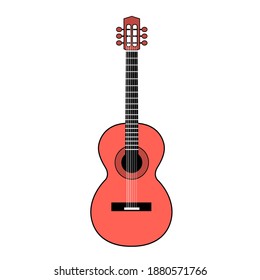 Classical red guitar on a white background. Stringed musical instrument. Vector isolated illustration.