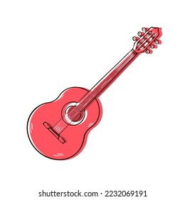 Classical red guitar. Stringed musical instrument. Cover design. Vector black and white isolated illustration. Hand drawn outline sketch