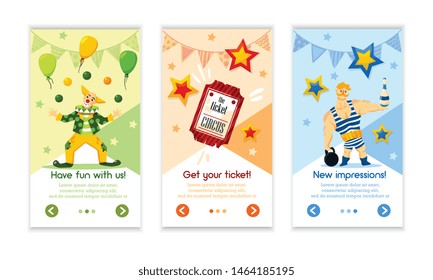 Classical retro circus performance tickets online 3 vertical advertising banners with balloons clown strongman isolated vector illustration 