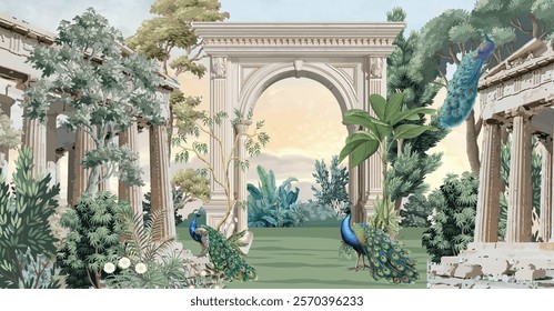 classical Roman garden Illustration, peacock, bird, botanical tree and flower for wallpaper, Roman Wallpaper Mural.