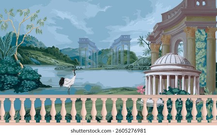 Classical Roman garden Illustration, peacock, bird, botanical tree and flower for wallpaper, Traditional Roman beautiful lake Jungle background.