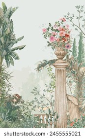 Classical Roman ruins with garden, peacock, flower vase, column illustration for wallpaper