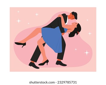 Una pareja romántica clásica bailando profesionalmente en una fiesta divertida. Caricatura de estilo plano. Dibujo plano vectorial