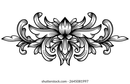 Classical Royals Damask Ornamental Element. Vintage baroque engraved border decorative design. Elegant floral flourish filigree abstract ornament