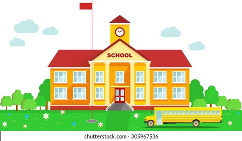 Classical school building and school bus isolated on white backgroun