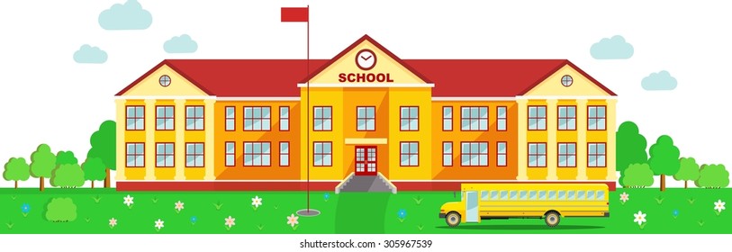 Classical school building and school bus isolated on white backgroun