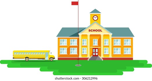 Classical school building and school bus isolated on white background