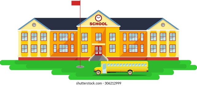 Classical school building and school bus isolated on white background