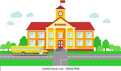 Classical school building and school bus isolated on white background