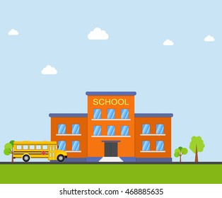Classical school building and school bus on blue background. Front yard with trees. Buildings for city construction education vector in flat style