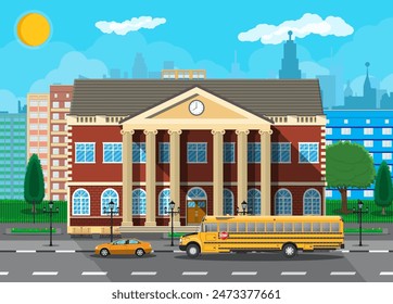 Classical school building and cityscape. Brick facade with clocks. Public educational institution and bus. College or university organization. Tree, clouds, sun. Vector illustration in flat style