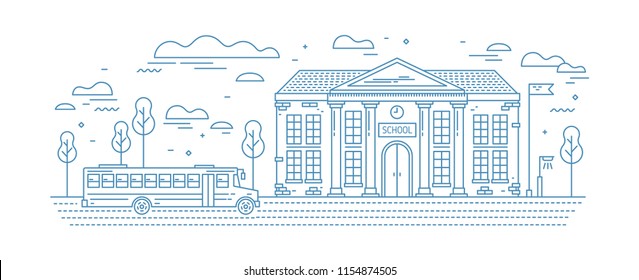 Classical school building with columns and bus for kids or pupil driving on road drawn with contour lines on white background. Educational institution. Monochrome vector illustration in linear style