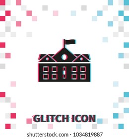 Classical school building  glitch effect vector icon.