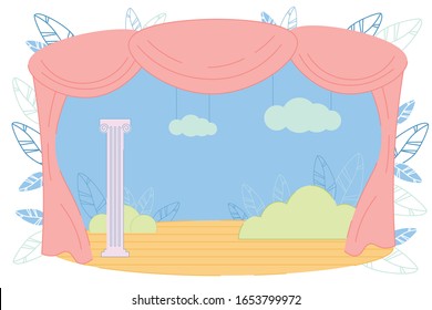 Classical School Theater Stage with Silk Pink Curtains and Decoration to Show Action, Performance and Presentation. Opera Hall, Concert Scene with Action Column. Modern Flat Vector Illustration