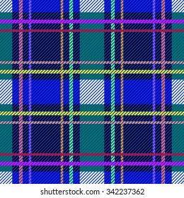 Classical Scottish checkered plaid. Seamless vector pattern with diagonal hatching. Retro folk textile collection. Blue, green with pink and yellow stripes. Backgrounds & textures shop.