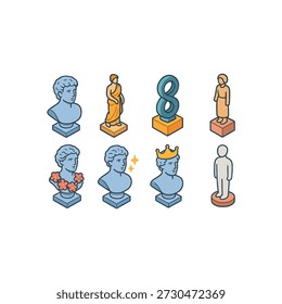 Classical sculpture 3d icons set – isometric, art, statue and artistic symbols