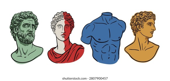 Classical Sculpture Collection - Four Colorful Greco-Roman Busts and Torso Illustrations Including Bearded Philosopher, Draped Figure, Athletic Body and Profile Head